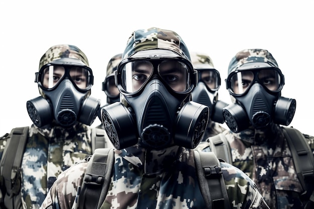 Soldaten tragen Schutzmasken gegen Gifte und Toxine auf weißem Hintergrund