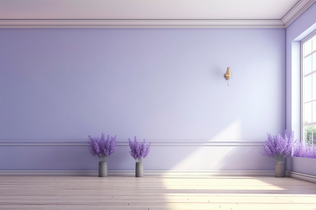 Una soleada habitación de pared lavanda con flores cerca de la ventana