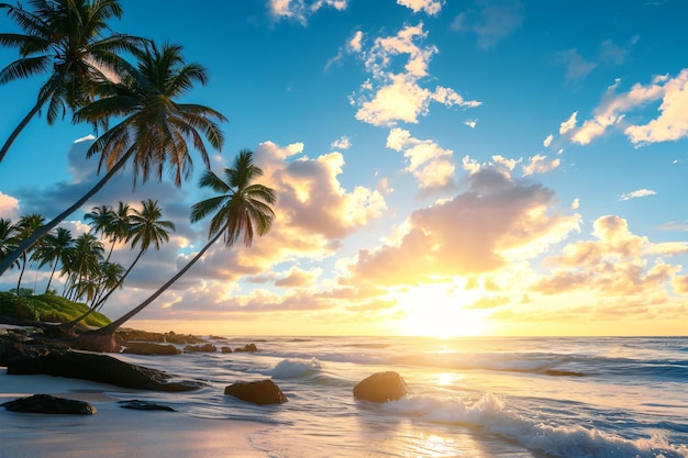 Soleada playa exótica junto al océano con palmeras al atardecer vacaciones de verano IA generativa