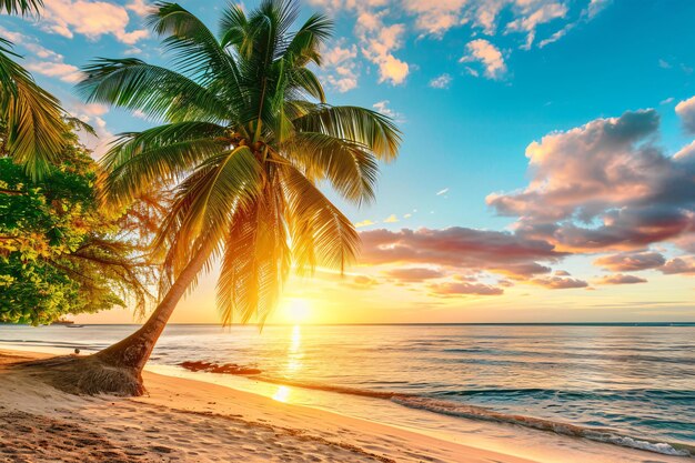 Soleada playa exótica junto al océano con palmeras al atardecer vacaciones de verano IA generativa