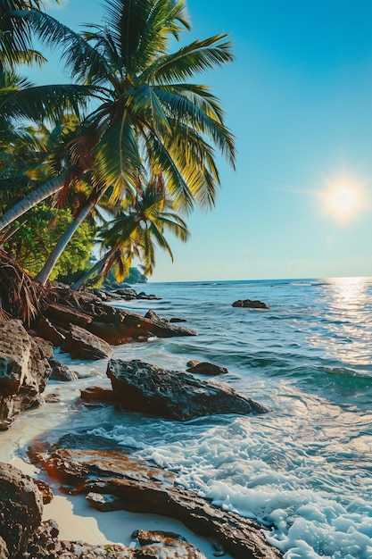 Soleada playa exótica junto al océano con palmeras al atardecer vacaciones de verano IA generativa