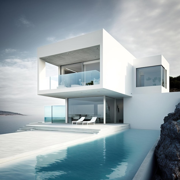 Soleado, tranquilo y moderno escaparate de casa de lujo exterior con piscina infinita y vista al mar