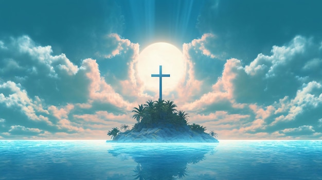 Soledad en el mar La cruz solitaria en una isla serena IA generativa