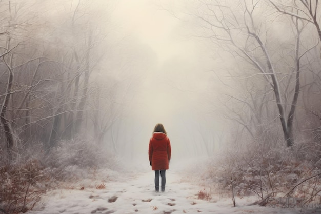 La soledad en medio de la mujer de la nieve abrazando la naturaleza