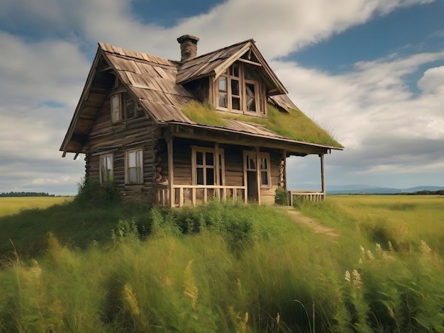 Soledad en medio de la naturaleza Casa de madera abandonada en la hierba