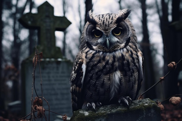 Foto solemne búho sentado en la tumba de piedra del cementerio generar ai