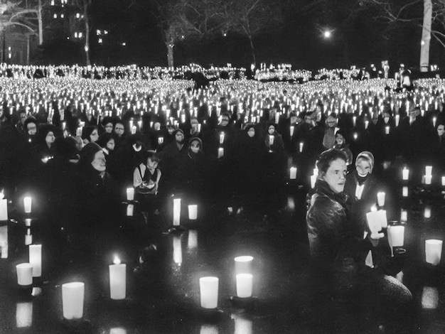 Una solemne fotografía en blanco y negro de una vigilia a la luz de velas en honor al Día Mundial de la SIDA