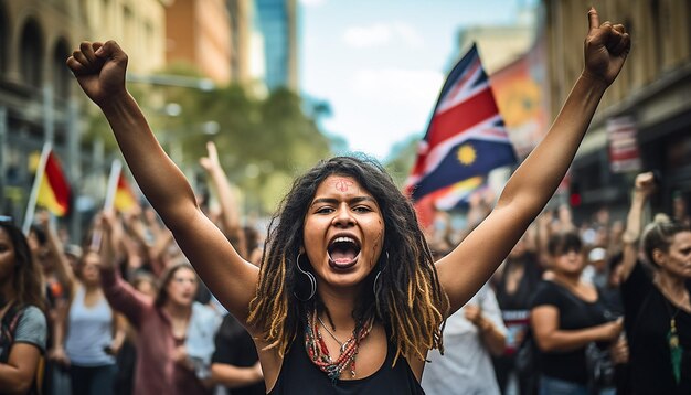 Foto solemnidad del día de australia de la protesta indígena marchas del día de la invasión centradas en el poder