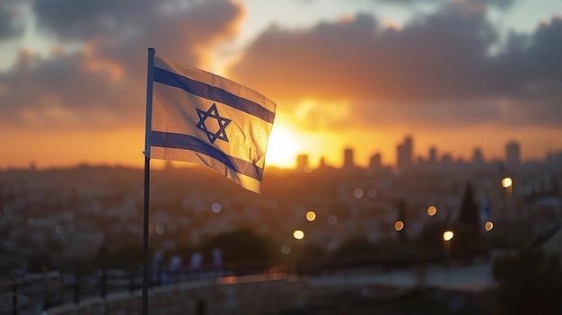 Solene bandeira de Israel a voar ao anoitecer Yom HaZikaron Dia da Independência de Israel AI Gerado