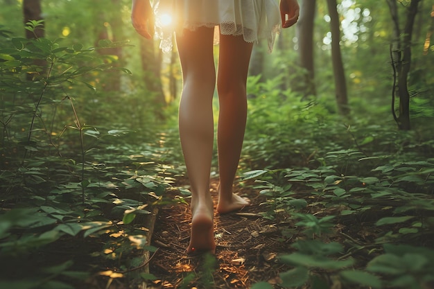 Foto solene serenidade mulher descalça caminhando na verde tranquilidade da natureza ia generativa