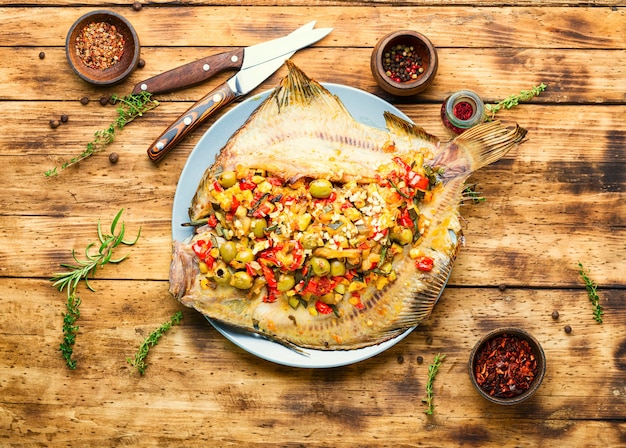 Solha ou peixe-chato assado com legumes. peixe frito na mesa de madeira. peixe inteiro assado saboroso