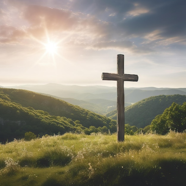 Solidão Uma grande cruz de madeira sozinha no topo de uma colina com vista para um vale verde ensolarado com raios de luz dramáticos fluindo para baixo gerados por IA