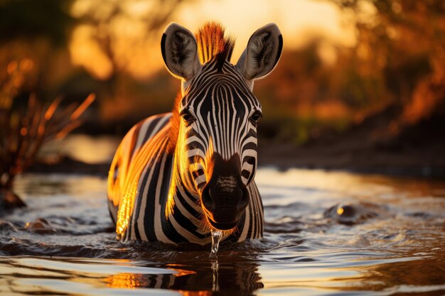 SOLIDES EINZELNES ZEBRA, DAS BEI SONNENUNTERGANG DURCH GOLDEN STREAM TRINKT, generatives IA