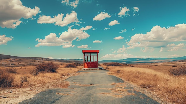 Foto solitaria parada de autobús roja en el medio de la nada con cielo azul y nubes