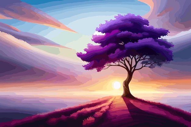 Solitario árbol púrpura en la cima de una montaña al amanecer hermoso horizonte vector de fondo