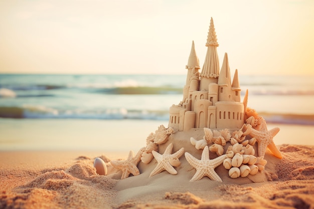 Un solitario castillo de arena se erige orgullosamente en la playa un símbolo de vacaciones de verano y ocio junto al mar contra un telón de fondo de cielos azules y olas suaves