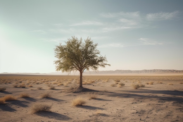 Un solo árbol expansivo que se marchita gradualmente se enfrenta a un entorno árido y hostil IA generativa