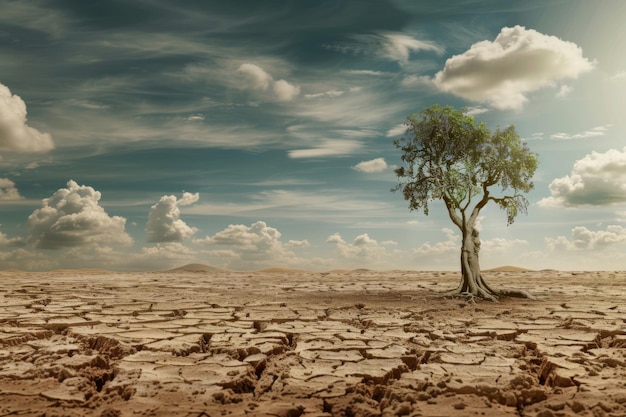 Un solo árbol resistente se encuentra en medio de un vasto terreno desértico agrietado bajo un cielo dramático