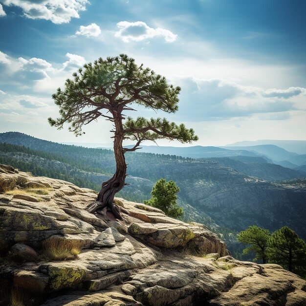 Foto un solo árbol en una roca con montañas en el fondo decora el escenario