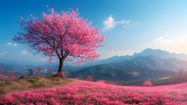 Un solo árbol rosa se encuentra en una ladera con una cordillera en el fondo El cielo es azul