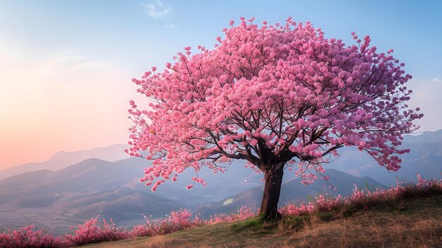 Un solo árbol rosa se encuentra en una ladera con una cordillera en el fondo El cielo es azul