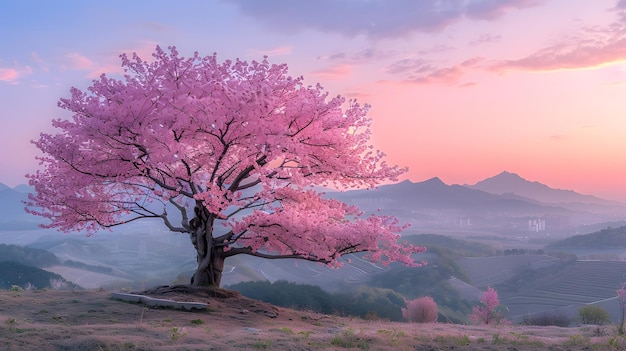 Un solo árbol rosa se encuentra en una ladera con una cordillera en el fondo El cielo es azul