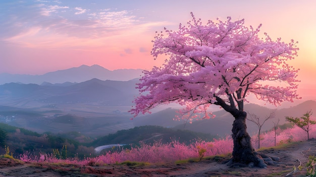 Un solo árbol rosa se encuentra en una ladera con una cordillera en el fondo El cielo es azul