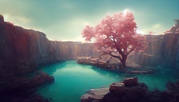 Un solo árbol rosa está rodeado de agua turquesa tranquila dentro de una enorme caverna Los rayos del sol brillan