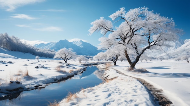 Un solo árbol solitario en la nieve en la temporada de invierno Montaña de nieve en el fondo