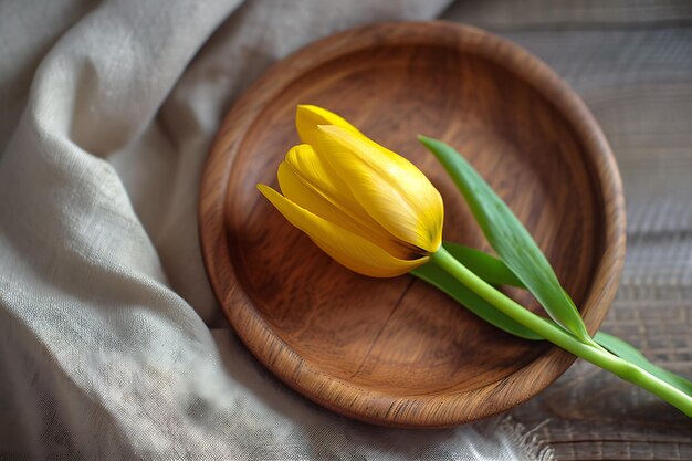 Foto un solo artículo adornado en un plato de madera y una servilleta