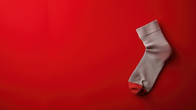 Un solo calcetín gris cuelga contra un fondo rojo texturizado con un amplio espacio para copiar