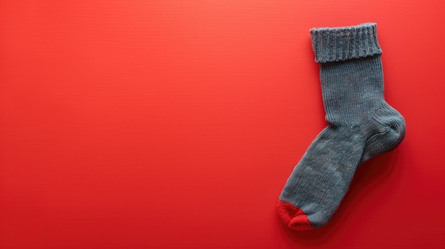 Un solo calcetín gris con un dedo rojo y un talón en el fondo