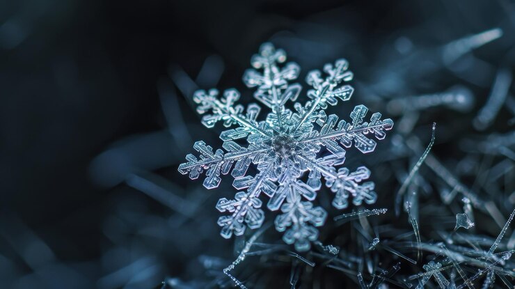 un solo copo de nieve en un fondo oscuro que muestra su forma cristalina delicada y simétrica