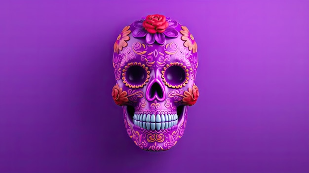 Un solo cráneo de azúcar o Catrina en un fondo o papel tapiz violeta