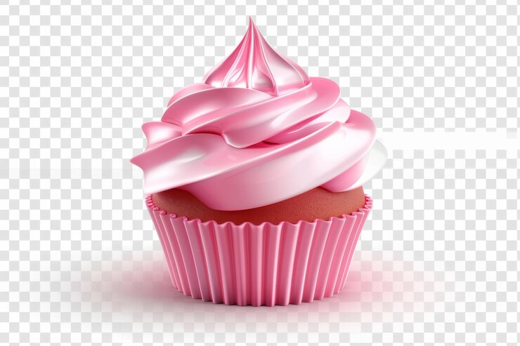 Un solo cupcake glazado rosado en un forro rosado presentado sobre un fondo transparente