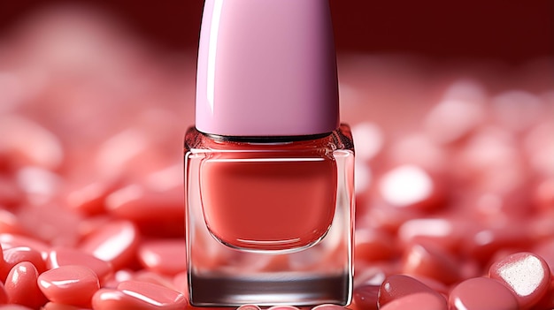 Un solo esmalte de uñas rosa glamuroso y solitario sobre un fondo rosa