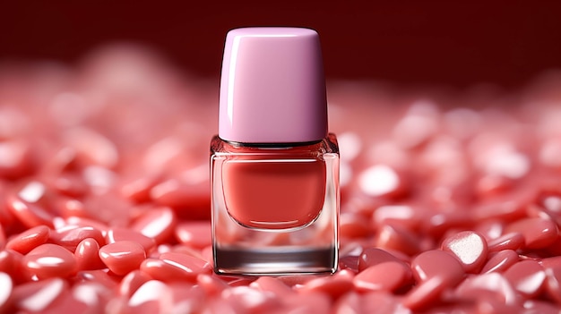 Un solo esmalte de uñas rosa glamuroso y solitario sobre un fondo rosa