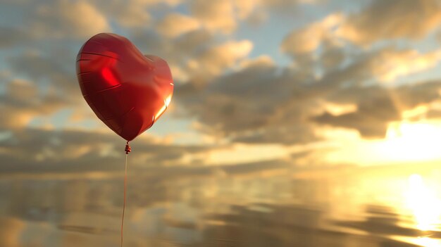 Un solo globo rojo en forma de corazón flota en el cielo sobre un mar tranquilo al atardecer el globo es un símbolo de amor esperanza y alegría