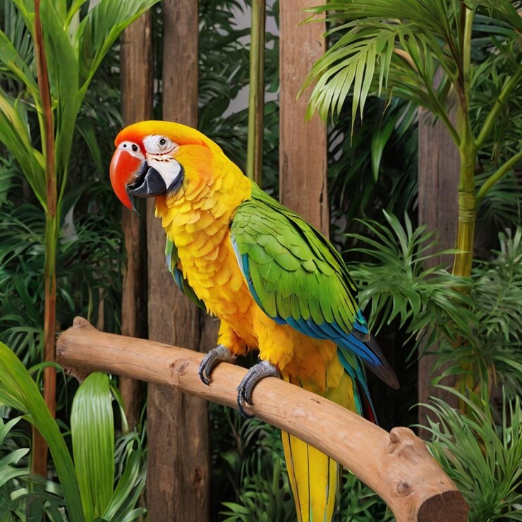 Un solo guacamayo escarlata se alza en una casa de pájaros azul