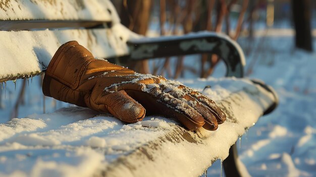 Foto un solo guante de cuero marrón descansa en un banco cubierto de nieve el guante es viejo y desgastado y los dedos están enroscados en una posición de garra