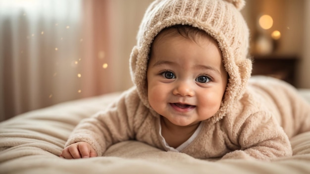 Sólo hermoso lindo bebé sonriente lindo de tres meses de edad bebé niña bebé en una cama en su vientre con la cabeza hacia arriba mirando con sus grandes ojos ropa de biege esponjosa cálida de primer plano bebé de tres meses