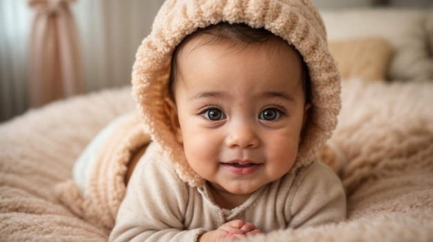 Sólo hermoso lindo bebé sonriente lindo de tres meses de edad bebé niña bebé en una cama en su vientre con la cabeza hacia arriba mirando con sus grandes ojos ropa de biege esponjosa cálida de primer plano bebé de tres meses