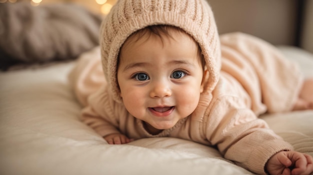 Sólo hermoso lindo bebé sonriente lindo de tres meses de edad bebé niña bebé en una cama en su vientre con la cabeza hacia arriba mirando con sus grandes ojos ropa cálida peluda biege primer plano bebé de tres meses