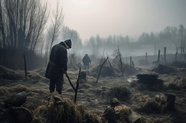 Foto solo hombre en la guerra campo de niebla destruido y dañado batalla naturaleza salvaje ubicación generar ai