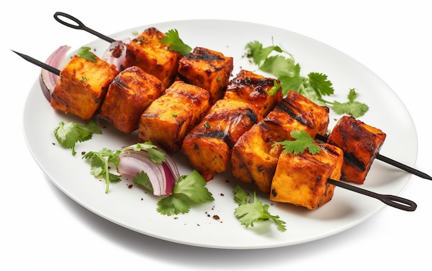 Solo indiano Paneer Tikka em fundo branco