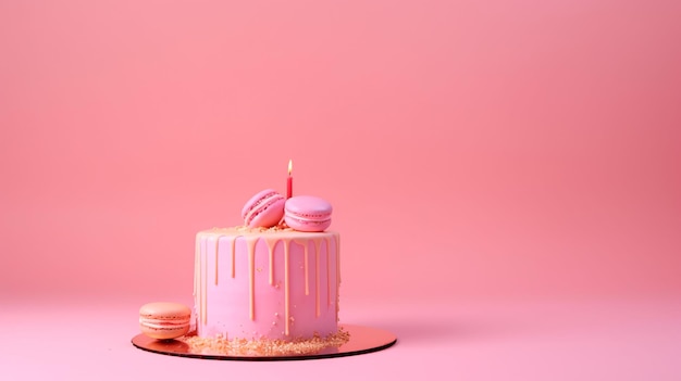un solo pastel de cumpleaños rosa con vela y macarrón de fondo rosa pastel ai generado