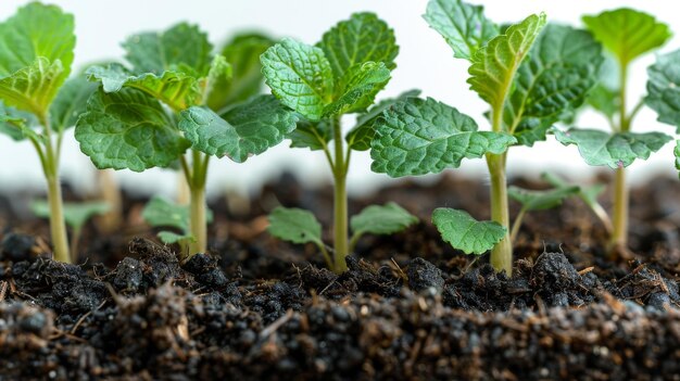 Solo preto com mudas isoladas em solo branco Agricultura