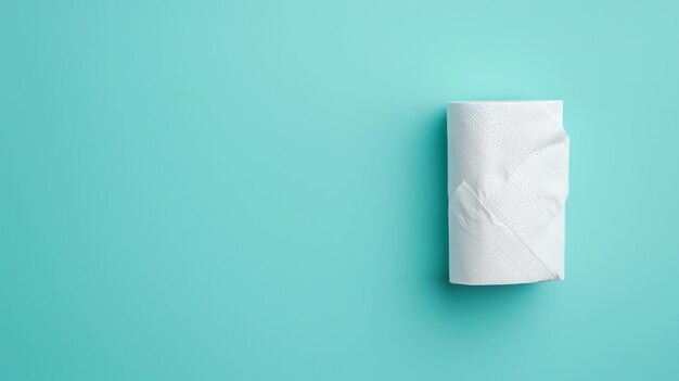 Foto un solo rollo de papel higiénico blanco sobre un fondo azul