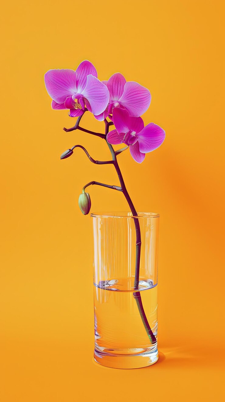 Foto un solo tallo de orquídea rosa con tres flores y un brote en un jarrón de vidrio transparente contra un fondo amarillo vibrante