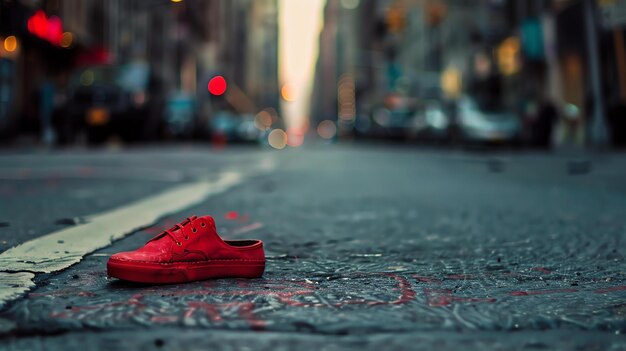 Foto un solo zapato rojo yace abandonado en medio de una concurrida calle de la ciudad el zapato está bien usado y raspado y los cordones están desatados